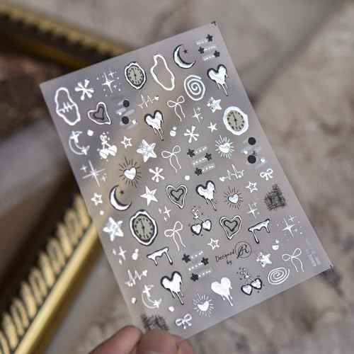 Silver Nail Art Stickers Heart Star Nail Decals with Metal Design 5D Embossed Self Adhesive Clock Nails Stickers Charms Supply for Women Girls Kid Manicure DIY Decorations