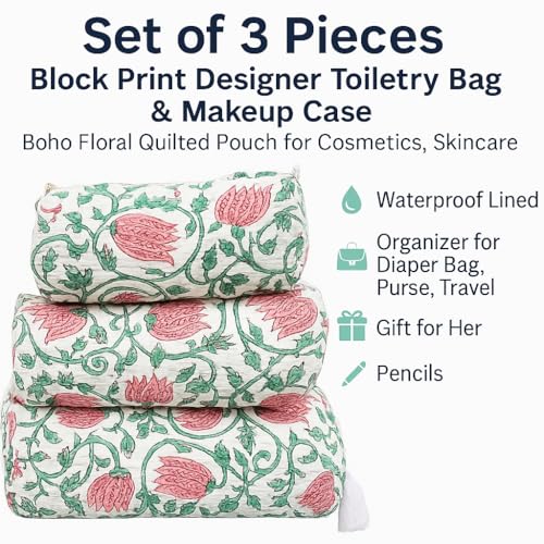 Set of 3 Pieces Block Print Designer Toiletry Bag & Makeup Case - Boho Floral Quilted Pouch for Cosmetics, Skincare - Waterproof Lined Organizer for Diaper Bag, Purse, Travel, Gift, Pencils