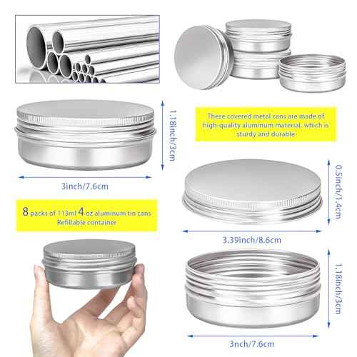 MotBach 8 Pack 4oz Tin Jars, 120ml Metal Tin cans, 4ounce Aluminum tin can jar Containers with Screw Lid for Lotion Bars, Salve, Balms, Beard Balm, Spices, Sample, Toiletries, Creams, Makeup Cosmetic