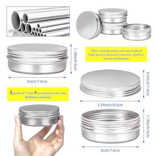 8-Pack 4oz Aluminum Tin Jars with Screw Lids for DIY & Storage