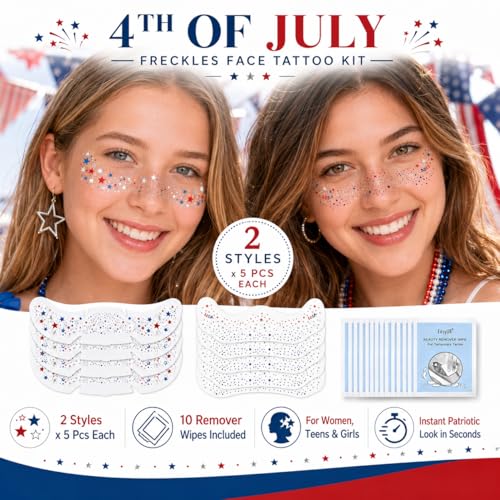 Patriotic Glitter Freckle Tattoos - 10pc Kit + Remover Wipes