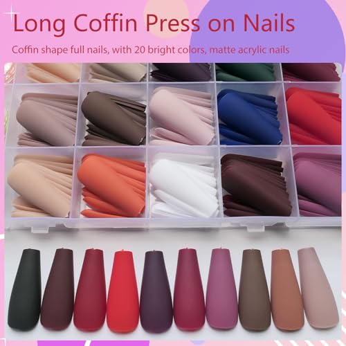 AddFavor Press on Nails Long Coffin Fake Nails, 576pcs Long Press on Nail Ballerina Acrylic False Nails Matte Solid Colored Artificial Nail for Women and Girls