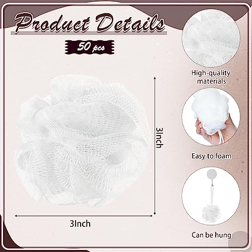 50 Pcs Loofah Sponge Bulk Mini Shower Sponge 3 Inch Loofahs Shower Pouf Mesh Shower Ball for Women Kids Men Exfoliating Bath Scrubber Travel Size Shower Gift(White)
