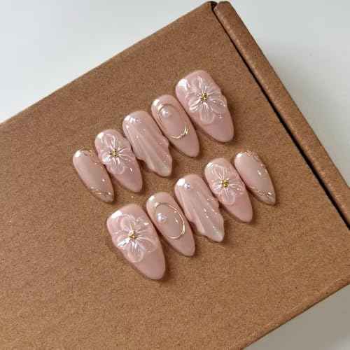10 Pcs Medium Length Handamde Almond Press On Nails Reusable ABS Acrylic False Nails Set for Women (Size S)