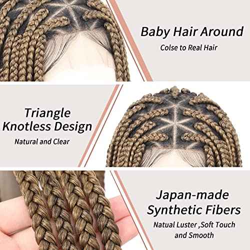Lexqui 36" Braided Wigs for Black Women Triangle Knotless Braided Lace Front Wigs Box Braid Wig Full Double Lace Front Braided Wig with Baby Hair Light Brown Synthetic Hair