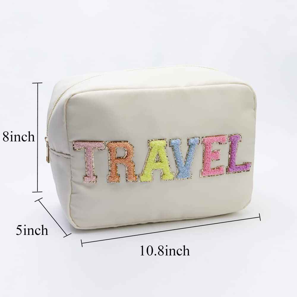 Kaymey Extral Large Cosmetic Bag Makeup Pouch Bag Case Nylon With Chenille Letter Patches (Beige#TRAVEL, XL)