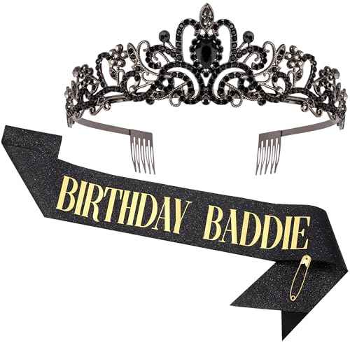 Birthday Baddie Sash and Crown for Women Girls - Black Glitter with Gold Foil Birthday Girl Sash and Crown Funny Birthday Party Favor Supplies