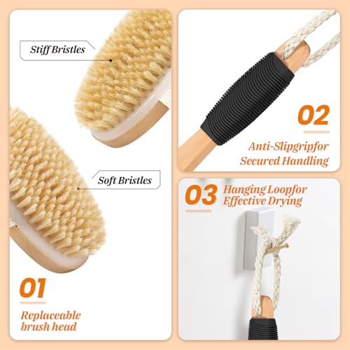 Wood Body Brush Set,20.6¡¯¡¯ Long Handle Bath Body Back Scrubber Soft & Stiff Bristles Detachable 2 Brush Heads Gentle Exfoliator Remove for Wet & Dry Use