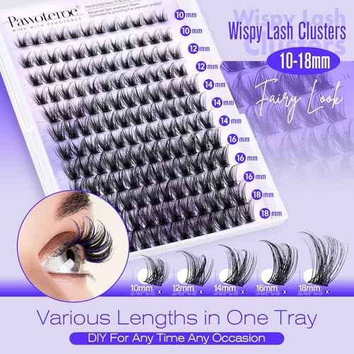 Pawotence Lash Clusters Kit Wispy Lash Extension Kit 10-18mm Cluster Eyelash Extensions Kit Individual Lashes 144pcs Eyelash Clusters with Lash Bond and Seal, Lash Tweezers for Self Use