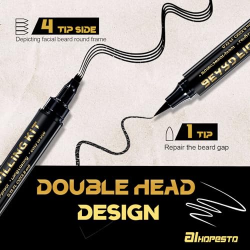 3 PCS Beard Pen Filler for Men - Black 4 Tip Pen for Natural Looking Appearance - 2 Fillers & 1 Double Head Brush - Waterproof Four Fork Eyebrow Pencil Eyeliner (Black)