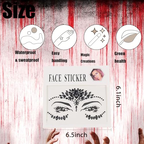 Red and Black Rhinestone Face Gems ? Self-Adhesive Crystal Tattoo Stickers for Halloween, Day of the Dead, Carnival, Party, Festival Makeup ? Eye, Body, Face Jewels for Women Girls-2 Sheets