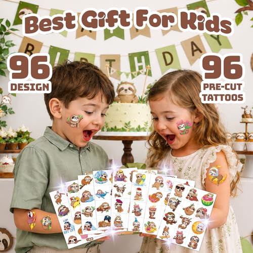 96 Pcs Cute Sloth Temporary Tattoos for Kids