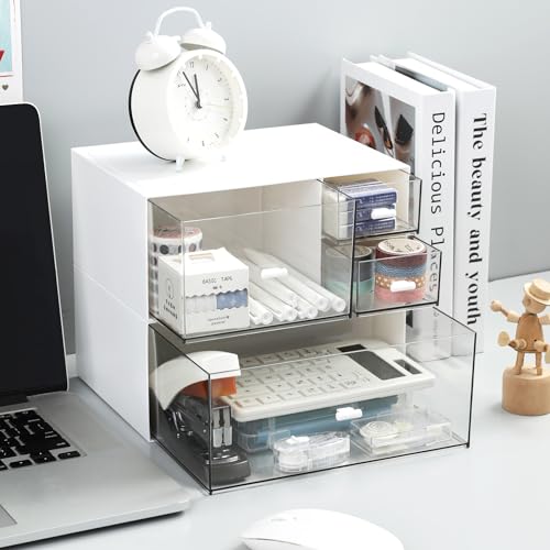 Desk Organizer with 4 Drawers, Makeup Organizer, Desktop Storage Box, Cosmetics Storage Box for nail polish, Lipstick, Brushes, Jewelry, Skincare, Bathroom Organization Boxes(White)