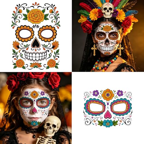 16-Pack Day of the Dead Face Tattoos | Sugar Skull Halloween