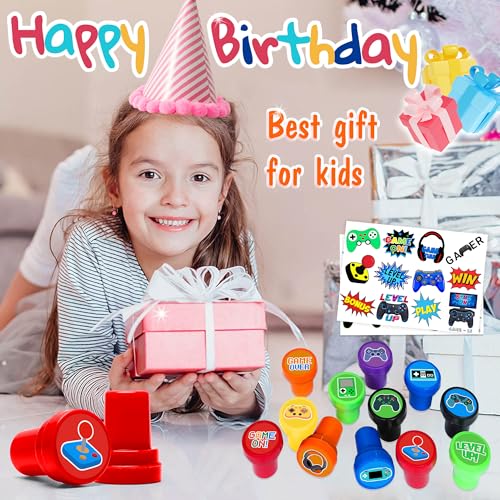 Video Game Party Favors Set - 24 Tattoos & 12 Stamps