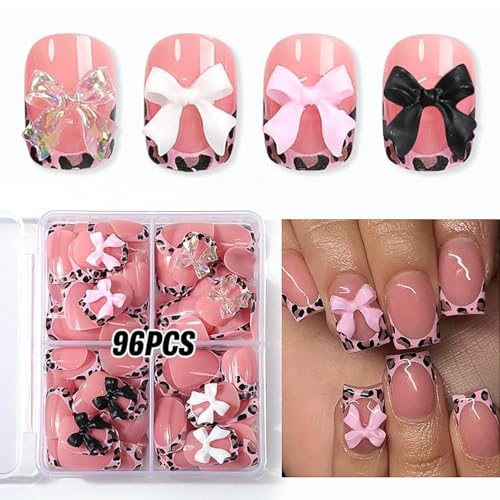Pink French Tip Press-On Nails Set - 96Pcs Short Square with Bow
