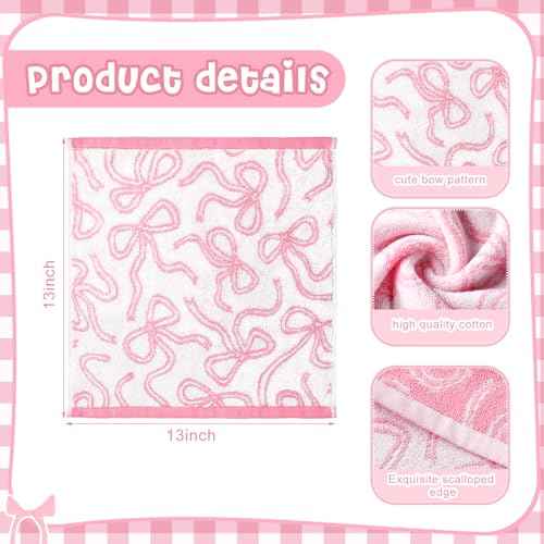 6 Pcs Pink Bow Washcloths 100% Cotton Wash Cloths 13" x 13" Coquette Small Face Towels Absorbent Soft Hand Bath Towels for Bathroom, Spa, Kitchen Drying Cleaning (Classic Style)