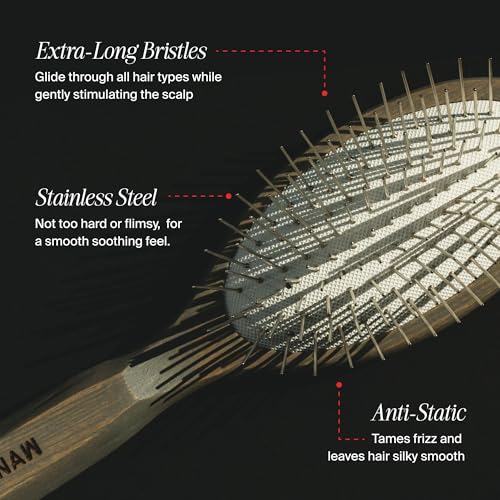 Daily Wood Hair Brush - Carbonized Ash Anti-Static Paddle for Frizz-Free Styling - Stainless Steel Bristles Scalp Massage - Safe for Color & Extensions - wet brush - detangling