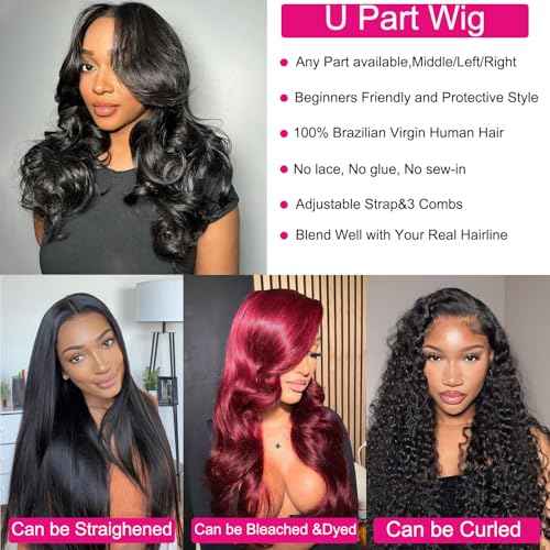 U Part Human Hair Wig Body Wave U Part Wig Human Hair for Black Women Glueless Wigs Human Hair Clip Natural Hair Wig Beginner Friendly Middle Part 180% Density 18inch