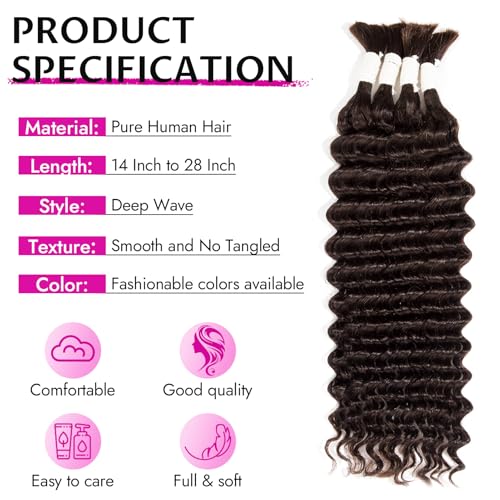 Gopukso Deep Wave Human Braiding Hair - Dark Brown 22 Inch, 4 Bundles for Boho Braids