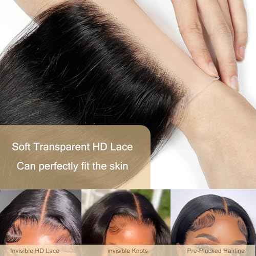 5x5 Transparent HD Lace Closure Human Hair Invisible HD Lace Closure Pre-plucked Virgin Human Hair Natural Black with Baby Hair(12Inch,Body Wave)