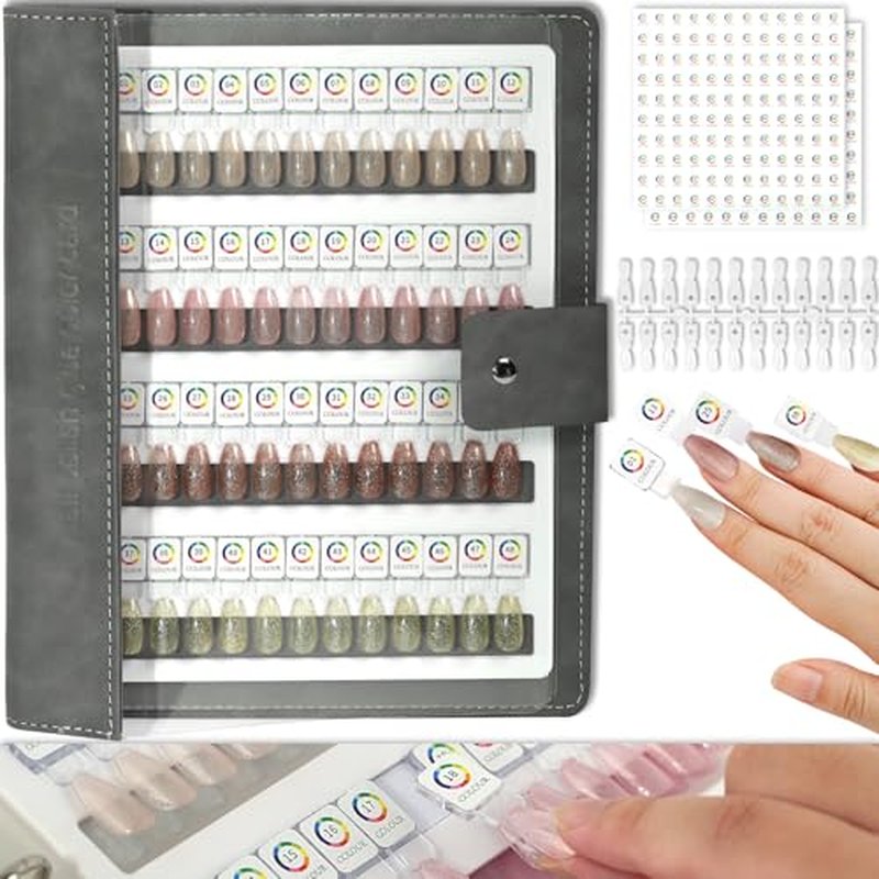 144 Magnetic Nail Color Book,Leather Magnetic Color Display Book with 144PCS Magnetic Tips & 1-240 Number Labels,Perfect for Nail Polish Nails Art Design(Gray)