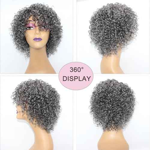 Grey Short Curly Wig Pixie Cut Human Hair Wigs for Women Wear and Go Non Lace Machine Made Wigs Human Hair Salt and Pepper Color for Older Women Breathable Daily Wig