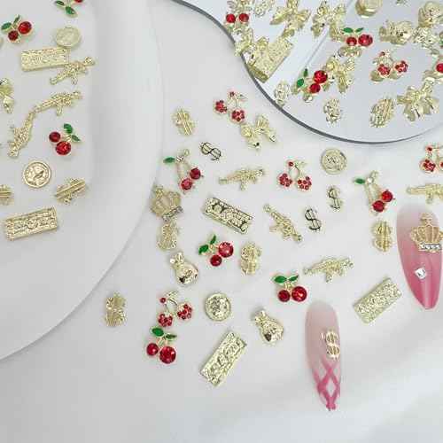 106 Pcs Gold Nail Charms with Dollars Sign, Coins, Cherries, Crowns, Guns and Bows for Nail Art Decoration Jewelry