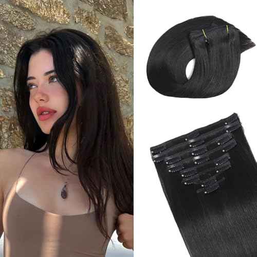Clips in Hair Extensions Human Hair AILICEEHR Seamless Human Hair Clips in Hair Extensions Natural Black 90g 18inch 8pcs Double Weft Thick Straight.