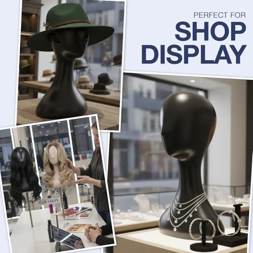 Studio Limited 16 Inch Black Plastic Mannequin Head - Professional Wig & Hat Display, 1 Pack