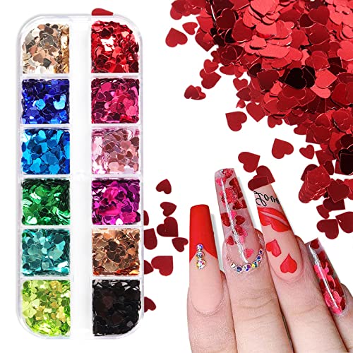 12 Colors Heart Nail Art Glitter Valentine's Nail Sequins 3D Heart Holographic Nail Confetti Heart Nail Supplies Love Nail Art Flake Glitter Decals for Nail Art Women Girls DIY Acrylic Manicure Decor