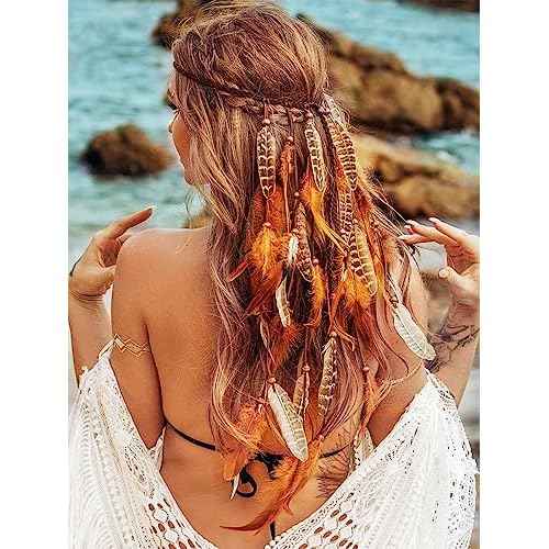 Boho Festival Feather Headband Bohemian Gypsy Long Hair Accessories with Beads Hippie Headpiece for Women (Pattern 1)