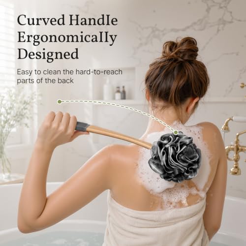 AmazerBath Black Long Wooden Handle Shower Loofah Body Scrubber with Mesh Sponge