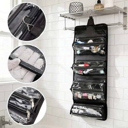ROYALFAIR Black Roll Up Makeup & Toiletry Bag with 4 TSA Pouches - Travel Organizer for Men & Women