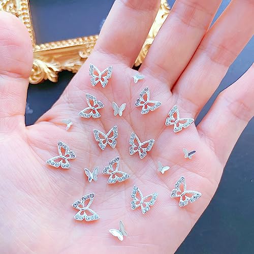 60 PCS 3D Butterfly Nail Charms Alloy Sliver Nail Charms with Rhinestones Crystal Nail Art Charms for Nails DIY Manicure Jewelry Accessories Women Girls Nail Supplies