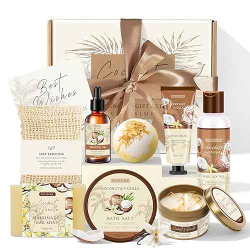 Gifts for Women Happy Birthday Gift Baskets, Bath and Body Gift Set Mothers Day Gifts, Vanilla Coconut Relaxing Home Spa Set Self Care Gift for Mom Sister Her Wife Grandma Girlfriend Friends