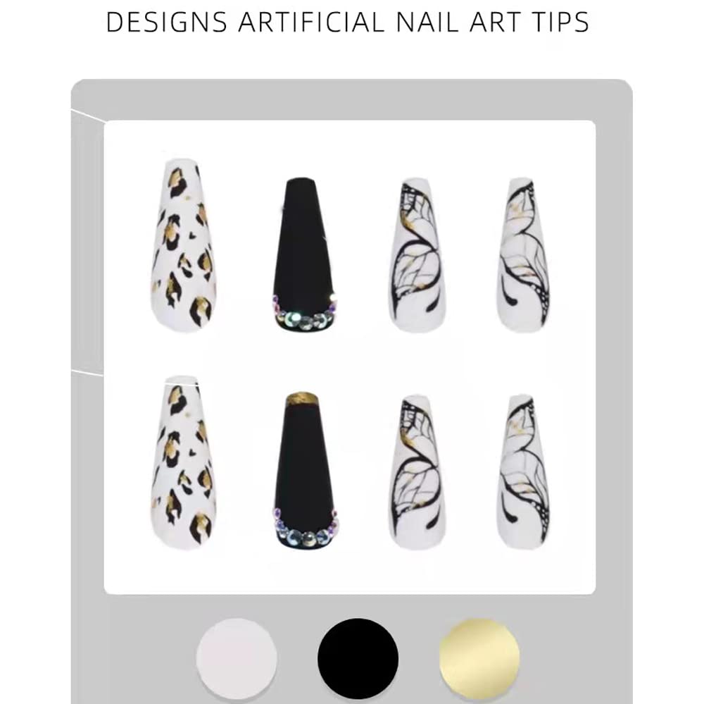 Magrace Fall Press on Nails Long Coffin Fake Nails with Designs Black Butterflies Lepoard Acrylic Ballet French Nails Press on 24 pcs Stick on Nails for Women