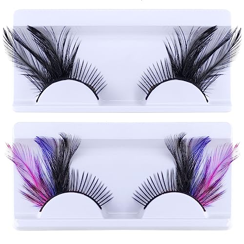 2 Pairs Halloween Dramatic Eyelashes, Extra Long Feather Costume False Lashes Extension, Black Pink Blue Wing Witch Cat Eyes for Rave Festival Cosplay Dance Party Makeup