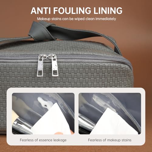 hhhouu Large PU Leather Makeup Bag with Handle, Travel Cosmetic Organizer Case, Waterproof Toiletry Bag, Portable Storage Pouch for Accessories and Brushes, Ideal Gift for Women HO-CB01