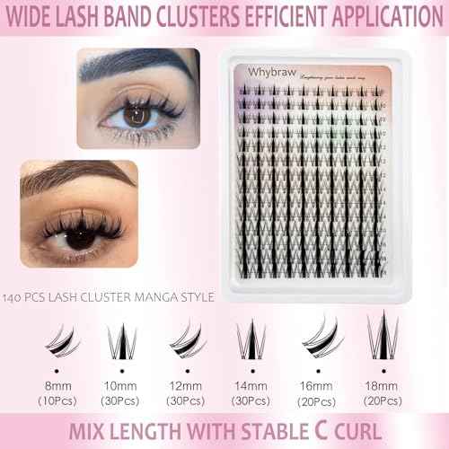 Fairy Lash Clusters Manga Cluster Eyelash Whybraw Anime Lash Clusters Spiky Eyelashes Extensions Natural Look C Curl Individual Wispy 8-18MM 140pcs Wet-Look Eye Lash Ultra-Thin Clear Lash Band