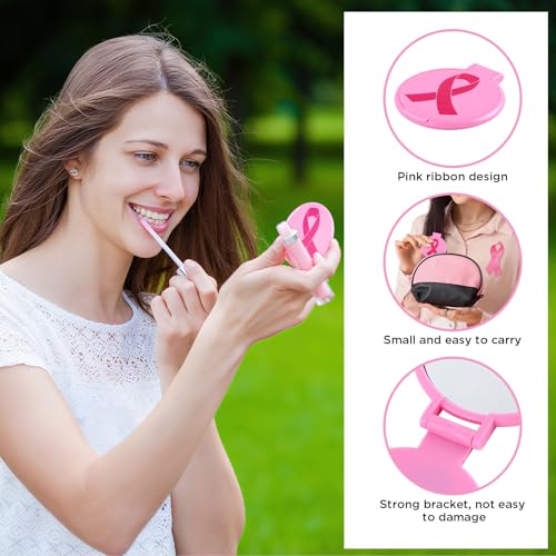 clothmile 50 Sets Breast Cancer Awareness Gifts Include 50 Pink Ribbon Mini Folding Makeup Mirrors 50 Pink Cards 50 OPP Bags for Girls Women Survivor Party Favors Supplies