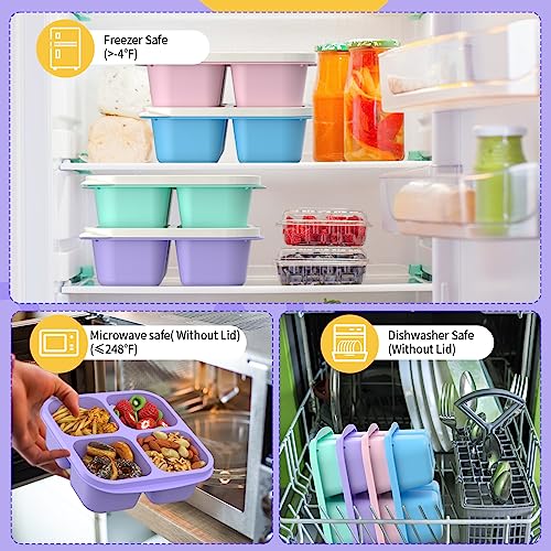 RGNEIN Bento Lunch Box for Kids (4 Pack) - 4-Compartment Salad Container for Lunch, Reusable BPA-Free Food Prep Containers, Snack Container for School, Work, and Travel (White Lid)