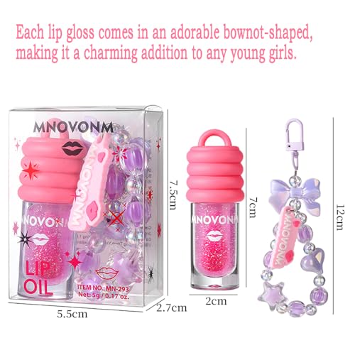 3 Colors Glimmer Tinted Lip Gloss Set, Shimmer Glossy Moisturizing Liquid Lipstick, Lip Make-Up for Girls and Women Party Gift With Bowknot Keychain Design