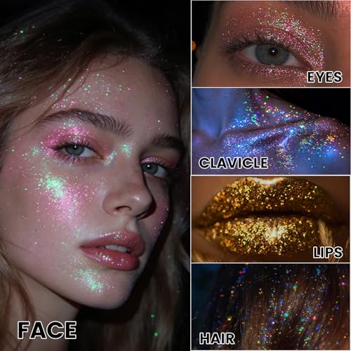 Pastel Rolling Glitter, Shimmer Gel for Face Body & Hair, Sparkling Holographic Roll-on Sequins for Singer Concert Rave Festival Halloween Party Carnival, 1.7 fl.oz