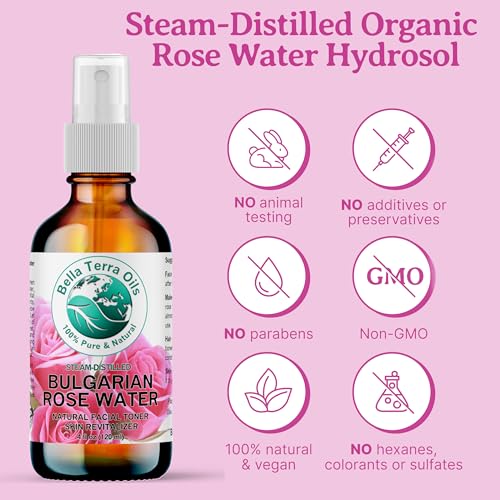 Bella Terra Oils - Rosewater Spray 16 oz - Embrace The Timeless Beauty of Pure Organic Rose Water, Ideal for Skin & Hair, Immerse in Natural Rose Fragrance