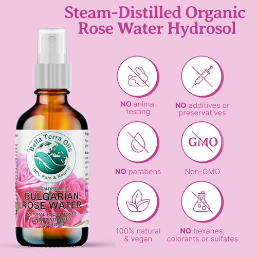 Bella Terra Oils - Organic Rose Water Mist 4 oz - Capture The Bulgarian Rose Essence, Perfect as a Gentle Rosewater Face Mist, Free from Synthetics