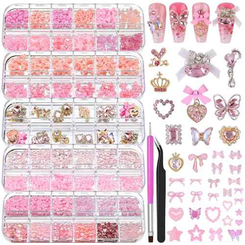 5 Boxes 3D Nail Charms Set,24Pcs Y2k Alloy Nail Art Rhinestone Charms 3D Bow Flower Crown Heart Star with Tweezers and Dual-end Brush for Manicure Salon DIY Crafts,Face Makeup Gems Jewels (Pink)
