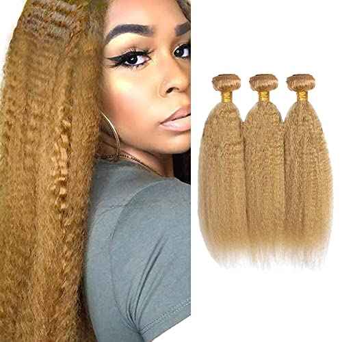 #27 Blonde Bundles Human Hair Yaki Straight Bundles 30 30 30 Inch 3 Bundle Unprocessed Brazilian Virgin Hair Honey Blonde Kinky Straight Human Hair Extensions 50 Gram Per Bundle