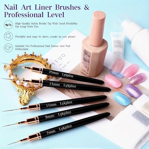 Black 8Pcs Nail Art Brush Set - Fine Liners & Gel Builder Brushes for Professional Manicure