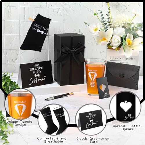 Qinyoung 7 Pcs Best Man Gifts Wedding Proposal Gift for Groomsman 16 oz Beer Glass Cup Bottle Cap Opener Socks Multi Tool Ballpoint Pen with Greeting Card Black Envelope Box(Best Man)